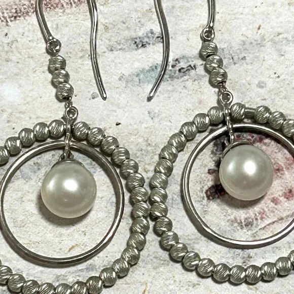 Long Sterling Silver Fresh Water Pearl Fancy Beaded Dangle Earrings Hoop Circle - Picture 2 of 9